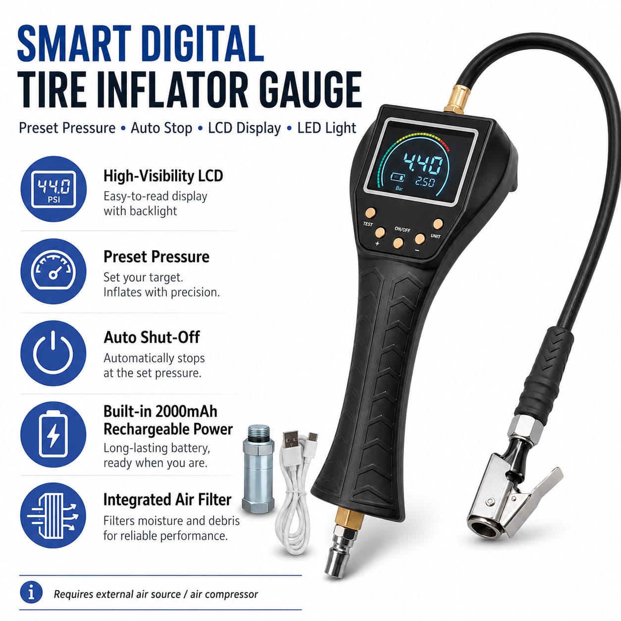 SEAPENG TB-902 Handheld Auto Inflate/Deflate Tire Inflator Gauge for Off-Road, Garage & Fleet Use - Image 4