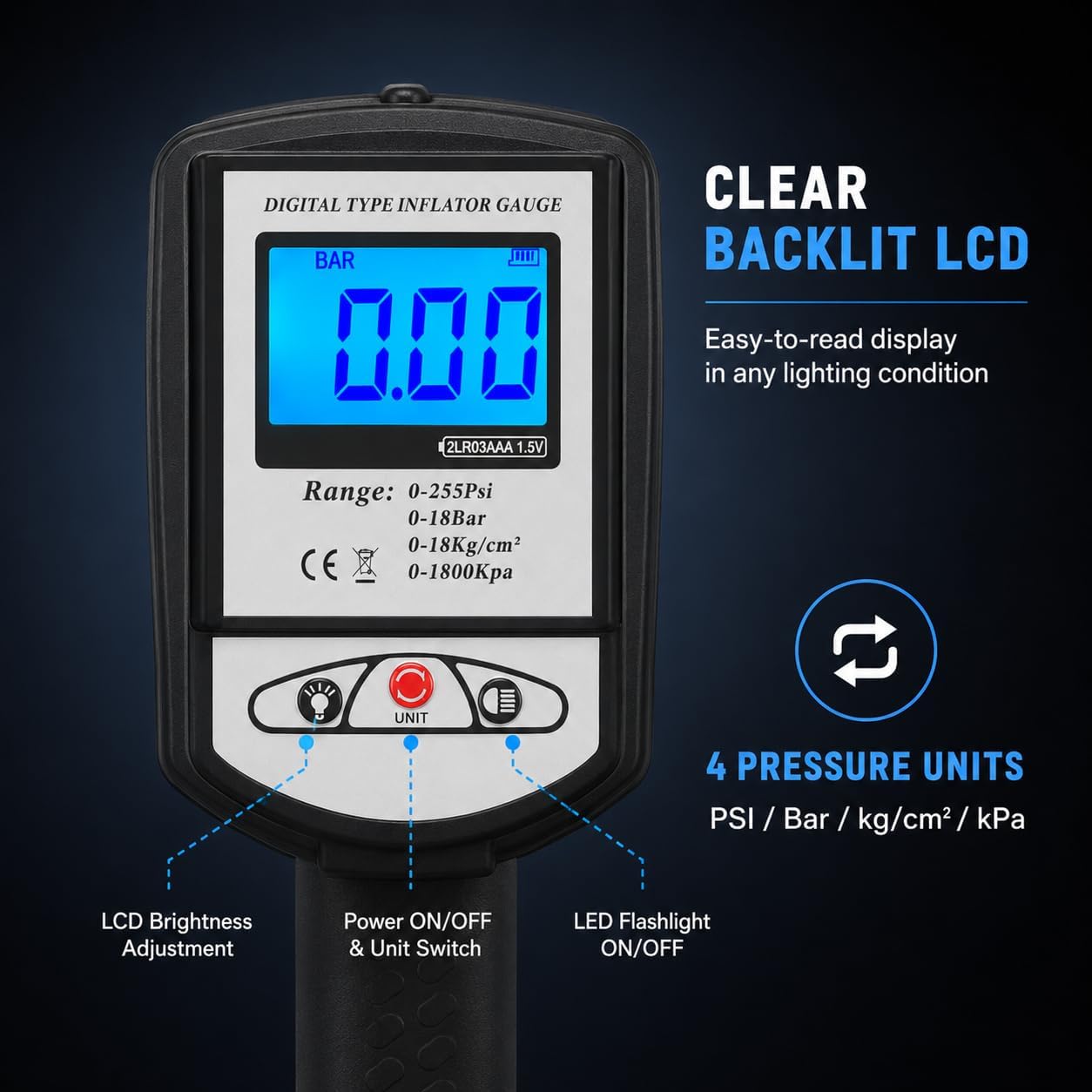 DP-002 air compressor tire inflator gauge with PSI Bar kg/cm2 and kPa units
